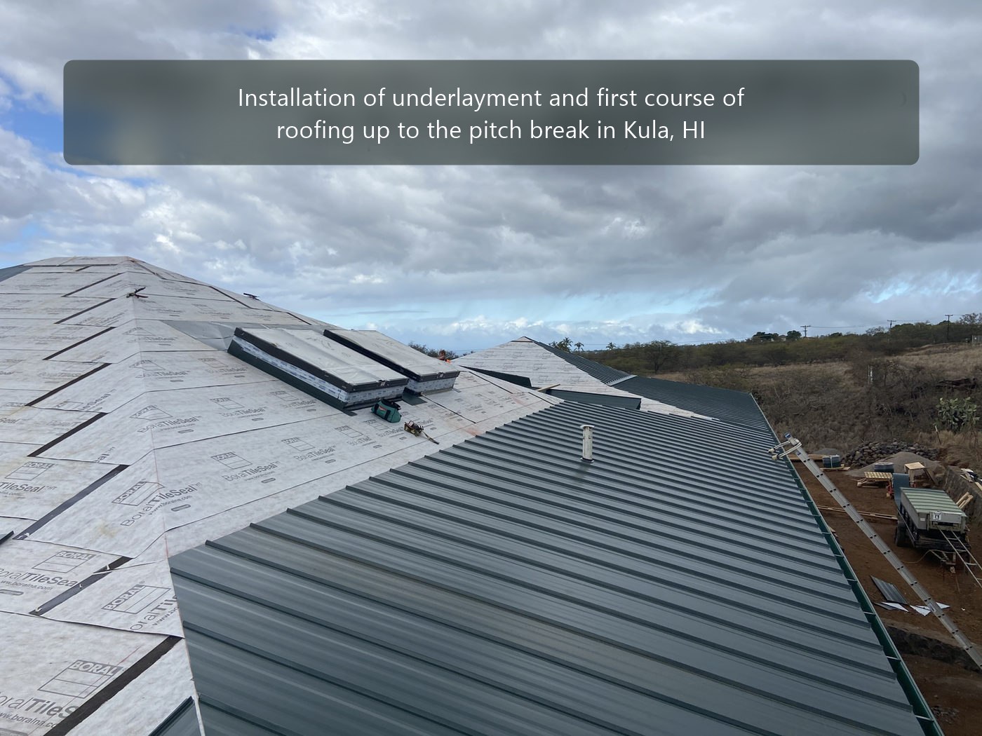Underlayment and first course of roofing at the pitch break, Kula